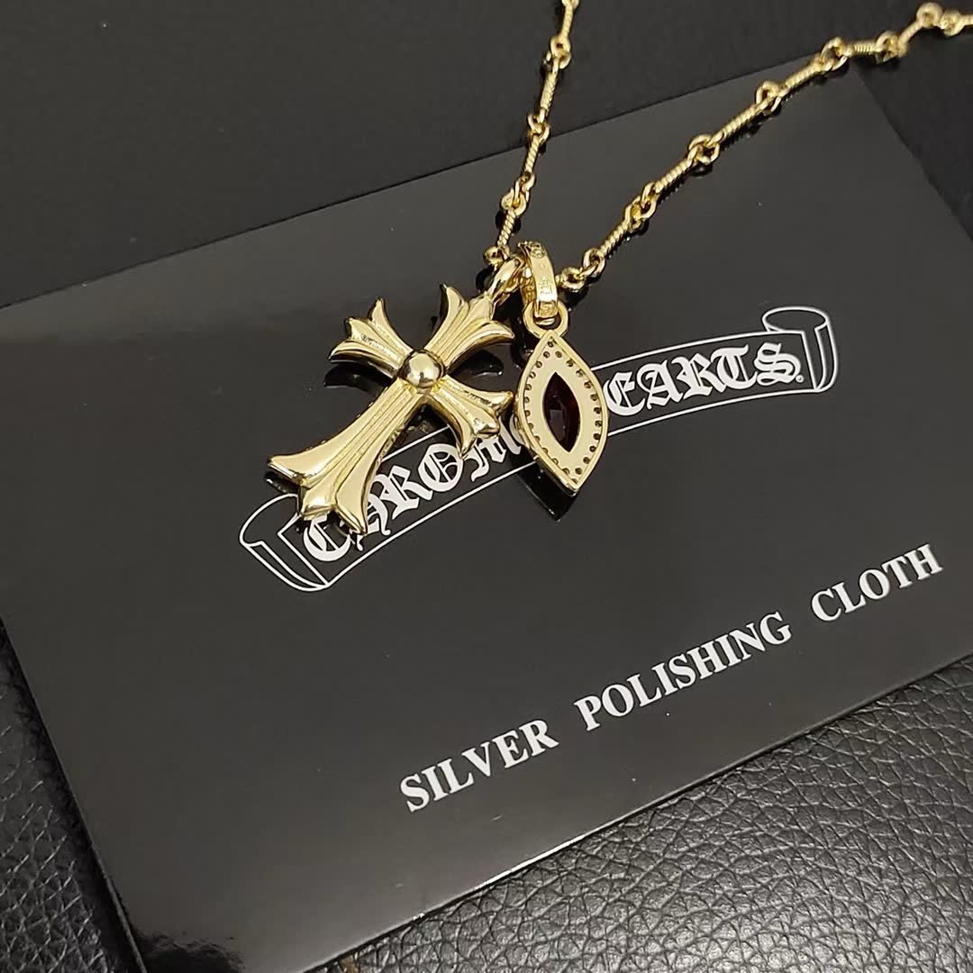 Chrome Hearts Chronic Hearts Gold Plated Cross Pendant with Ruby and Diamond Accents